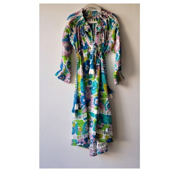 Dodo Bar Or Green Floral Retro Long Sleeve Girl's Cinch Waist Casual Dress - Picture 3 of 11